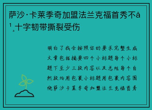 萨沙·卡莱季奇加盟法兰克福首秀不幸十字韧带撕裂受伤